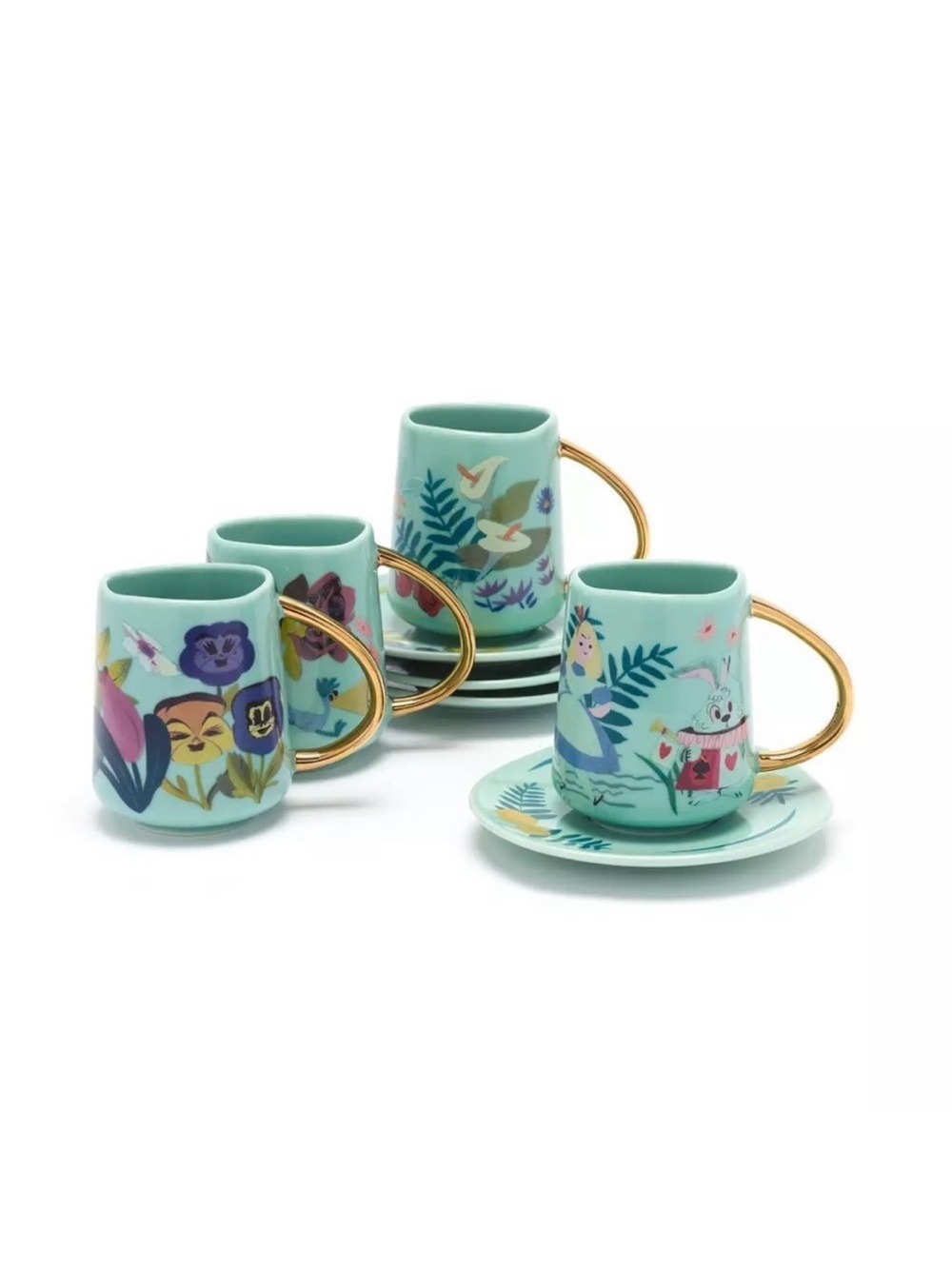 Disney Turquoise Floral Espresso Mugs with Gold Handles
